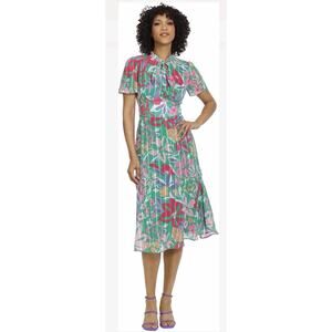 Maggy London Mockneck Tie Neck Floral Flutter Sleeve Dress Midi Size 10